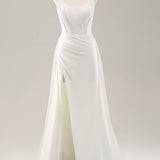 White Spaghetti Straps Satin Sweep Train Wedding Dress with Slit