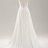 White Spaghetti Straps Satin Sweep Train Wedding Dress with Slit