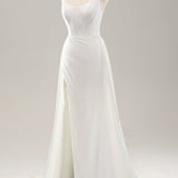 White Spaghetti Straps Satin Sweep Train Wedding Dress with Slit