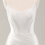 White Spaghetti Straps Satin Sweep Train Wedding Dress with Slit