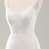 White Spaghetti Straps Satin Sweep Train Wedding Dress with Slit