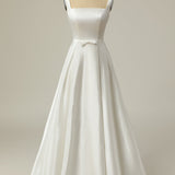 Simple A Line Square Neck White Long Wedding Dress