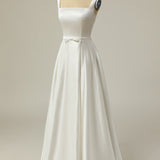 Simple A Line Square Neck White Long Wedding Dress