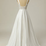 Simple A Line Square Neck White Long Wedding Dress