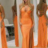 Aila | Mermaid Yellow Deep V Neck Satin Long Prom Dresses with Slit