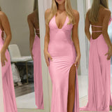 Aila | Mermaid Yellow Deep V Neck Satin Long Prom Dresses with Slit