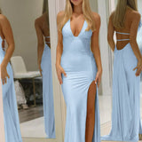 Aila | Mermaid Yellow Deep V Neck Satin Long Prom Dresses with Slit