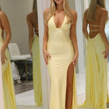Aila | Mermaid Yellow Deep V Neck Satin Long Prom Dresses with Slit