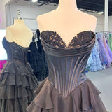 Anya | Yellow Strapless A-Line Ruffle Long Prom Dress With Split