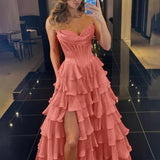 Anya | Yellow Strapless A-Line Ruffle Long Prom Dress With Split