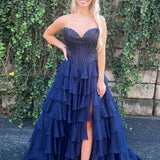 Anya | Yellow Strapless A-Line Ruffle Long Prom Dress With Split