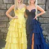 Anya | Yellow Strapless A-Line Ruffle Long Prom Dress With Split