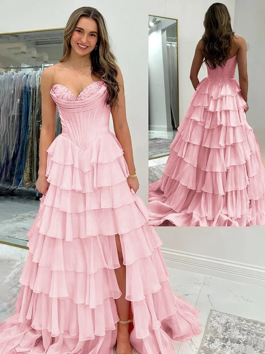 Anya | Yellow Strapless A-Line Ruffle Long Prom Dress With Split