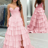 Anya | Yellow Strapless A-Line Ruffle Long Prom Dress With Split