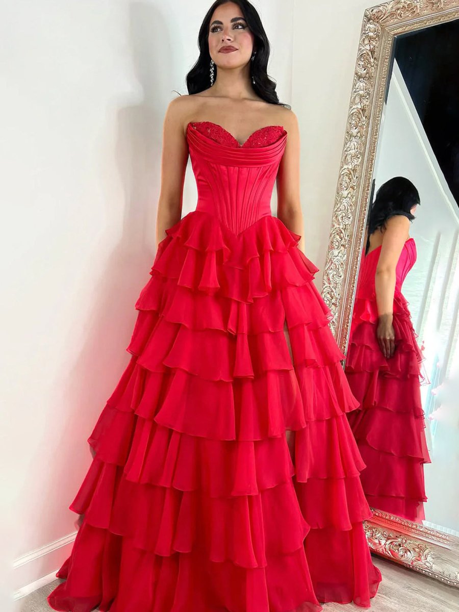 Anya | Yellow Strapless A-Line Ruffle Long Prom Dress With Split