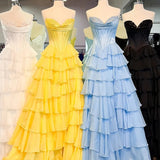 Anya | Yellow Strapless A-Line Ruffle Long Prom Dress With Split