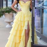 Anya | Yellow Strapless A-Line Ruffle Long Prom Dress With Split
