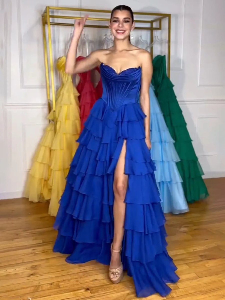 Anya | Yellow Strapless A-Line Ruffle Long Prom Dress With Split