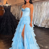 Anya | Yellow Strapless A-Line Ruffle Long Prom Dress With Split