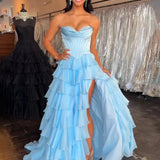Anya | Yellow Strapless A-Line Ruffle Long Prom Dress With Split