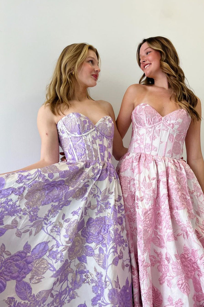 Romi | A-Line Pink Sweetheart Floral Printed Long Prom Dresses