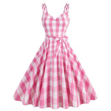 1950S Belted Barbie Pink Plaid Women's Camisole Vintage Dress