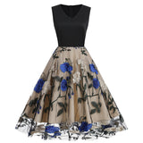 1950S Black Sleeveless V-Neck A-Line Dress with Red and White Floral Embroidered Tulle Skirt