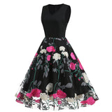 1950S Black Sleeveless V-Neck A-Line Dress with Red and White Floral Embroidered Tulle Skirt