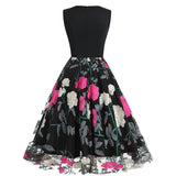 1950S Black Sleeveless V-Neck A-Line Dress with Red and White Floral Embroidered Tulle Skirt
