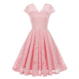 1950S Charming Pink Lace Cap Sleeve Sweetheart Neckline Vintage Swing Dress