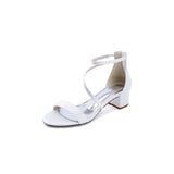 White Cross-Strap Open Toe Chunky Heels
