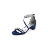 Navy Blue Crystal Cross-Strap Block Heel Sandals