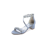 Navy Blue Crystal Cross-Strap Block Heel Sandals