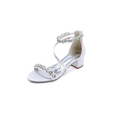 Navy Blue Crystal Cross-Strap Block Heel Sandals