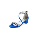 Navy Blue Crystal Cross-Strap Block Heel Sandals