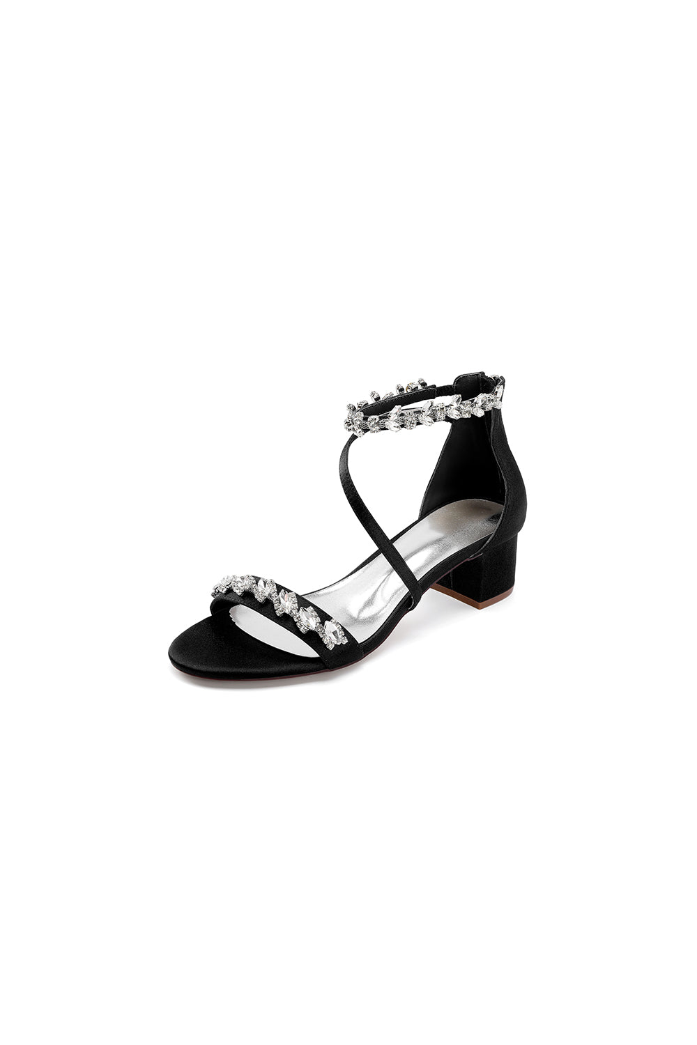 Navy Blue Crystal Cross-Strap Block Heel Sandals