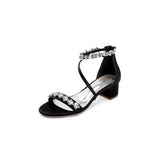 Navy Blue Crystal Cross-Strap Block Heel Sandals