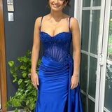 Lyra | Mermaid Sage Spaghetti Straps Appliqued Long Prom Dress With Split