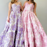 Romi | A-Line Pink Sweetheart Floral Printed Long Prom Dresses