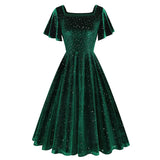 1950S Emerald Green Velvet Square Neck Short Sleeve Swing Dress with Rhinestone Accents