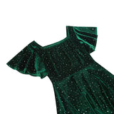 1950S Emerald Green Velvet Square Neck Short Sleeve Swing Dress with Rhinestone Accents