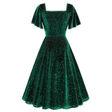 1950S Emerald Green Velvet Square Neck Short Sleeve Swing Dress with Rhinestone Accents