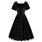 1950S Emerald Green Velvet Square Neck Short Sleeve Swing Dress with Rhinestone Accents