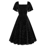 1950S Emerald Green Velvet Square Neck Short Sleeve Swing Dress with Rhinestone Accents