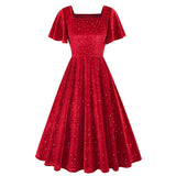 1950S Emerald Green Velvet Square Neck Short Sleeve Swing Dress with Rhinestone Accents