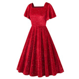 1950S Emerald Green Velvet Square Neck Short Sleeve Swing Dress with Rhinestone Accents