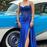 Lyra | Mermaid Sage Spaghetti Straps Appliqued Long Prom Dress With Split