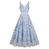 1950S Floral Embroidered Spaghetti Strap Vintage Dress