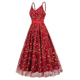 1950S Floral Embroidered Spaghetti Strap Vintage Dress