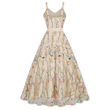 1950S Floral Embroidered Spaghetti Strap Vintage Dress